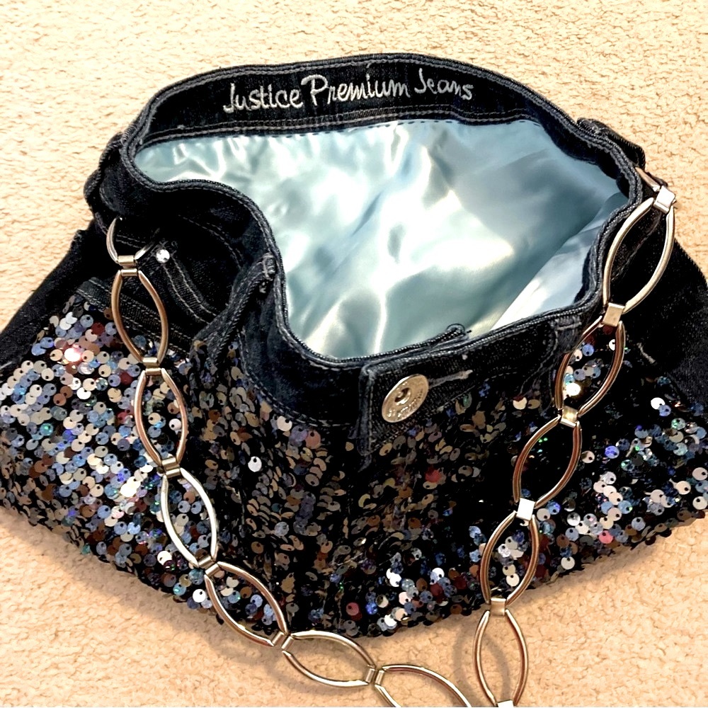 Justice Blue Denim Vintage Metallic Sequin Shoulder Purse Bag
